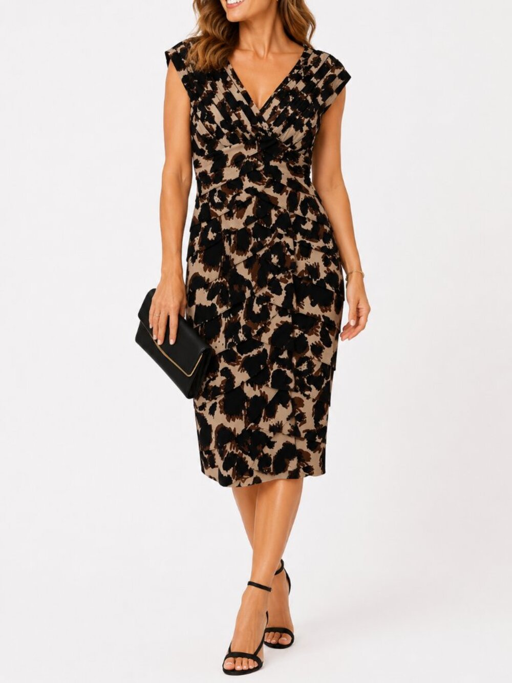 Adrianna Papell Abstract Animal Print Ruched Sheath Dress Size 8